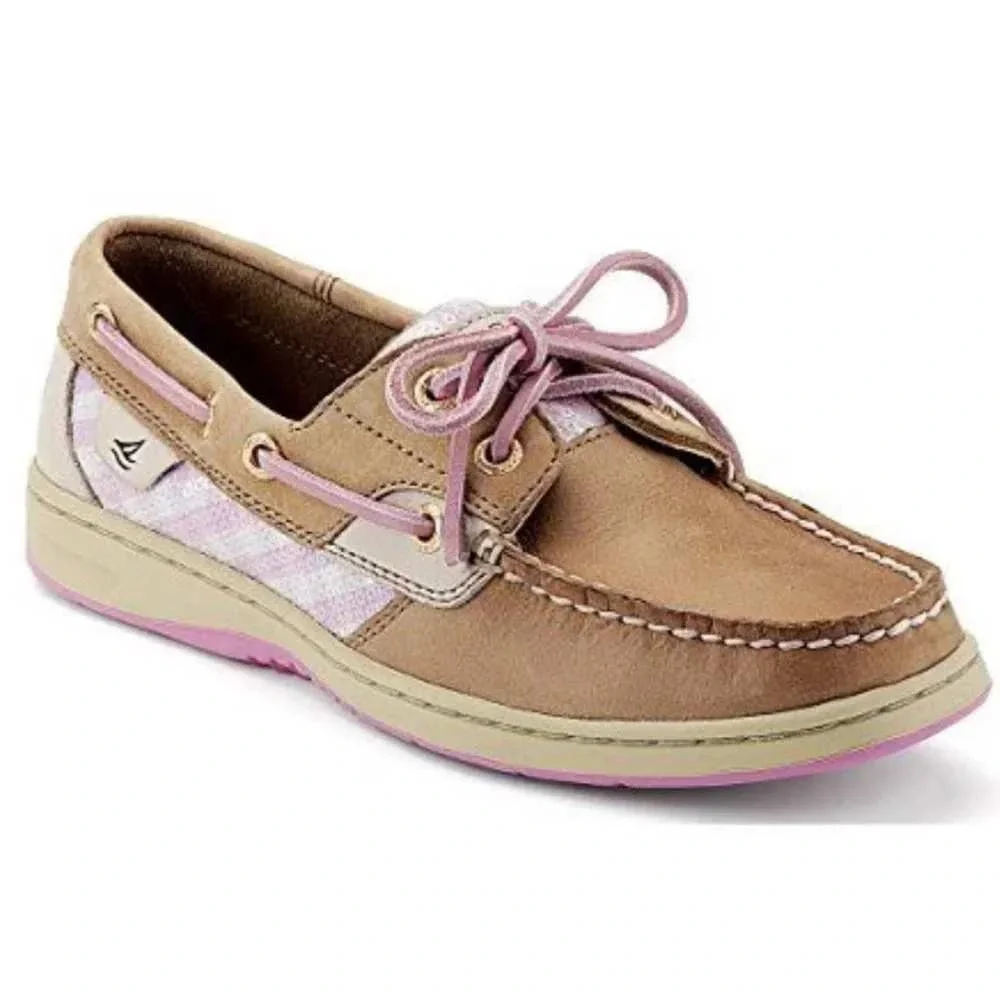 Sperry‎ Bluefish Top Sider Boat Shoes Pink Gingham Tan Leather Lace Up Size 7.5M